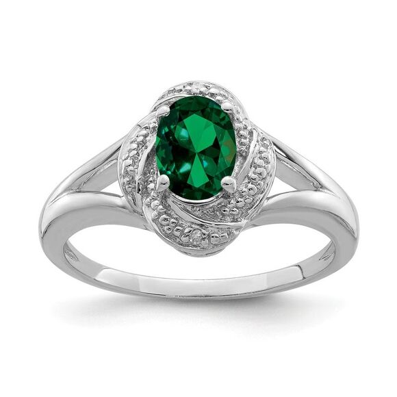 Sterling Silver .01 Ctw Diamond & Oval Created Emerald Ring Size 10